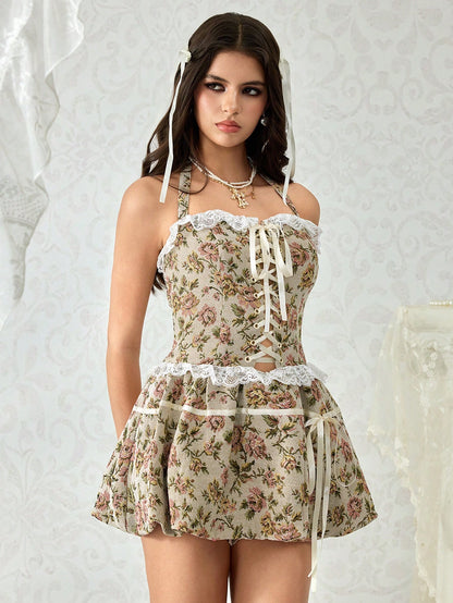 ROMWE Kawaii Vestido mini con corsé acharolado con detalles de corbata