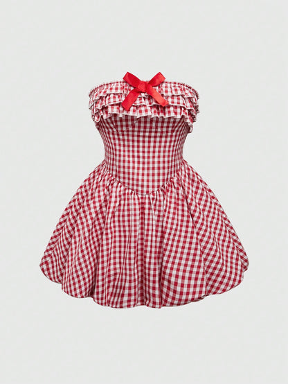 ROMWE Kawaii Vestido mini con estampado floral de vichy lindo para mujeres