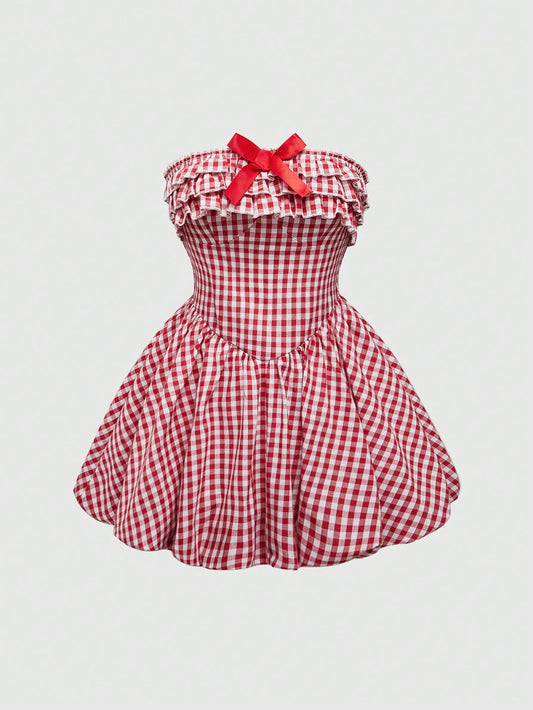 ROMWE Kawaii Vestido mini con estampado floral de vichy lindo para mujeres