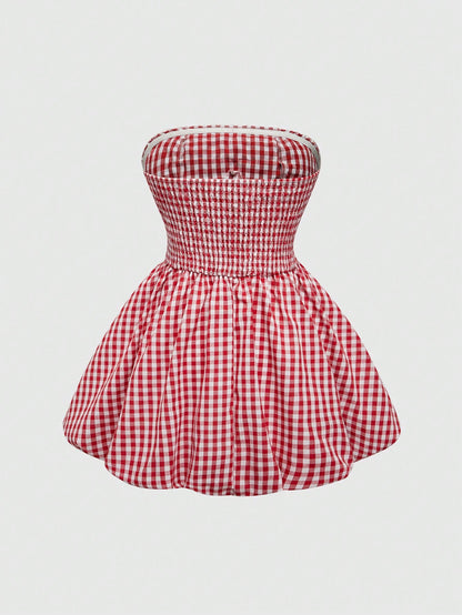 ROMWE Kawaii Vestido mini con estampado floral de vichy lindo para mujeres