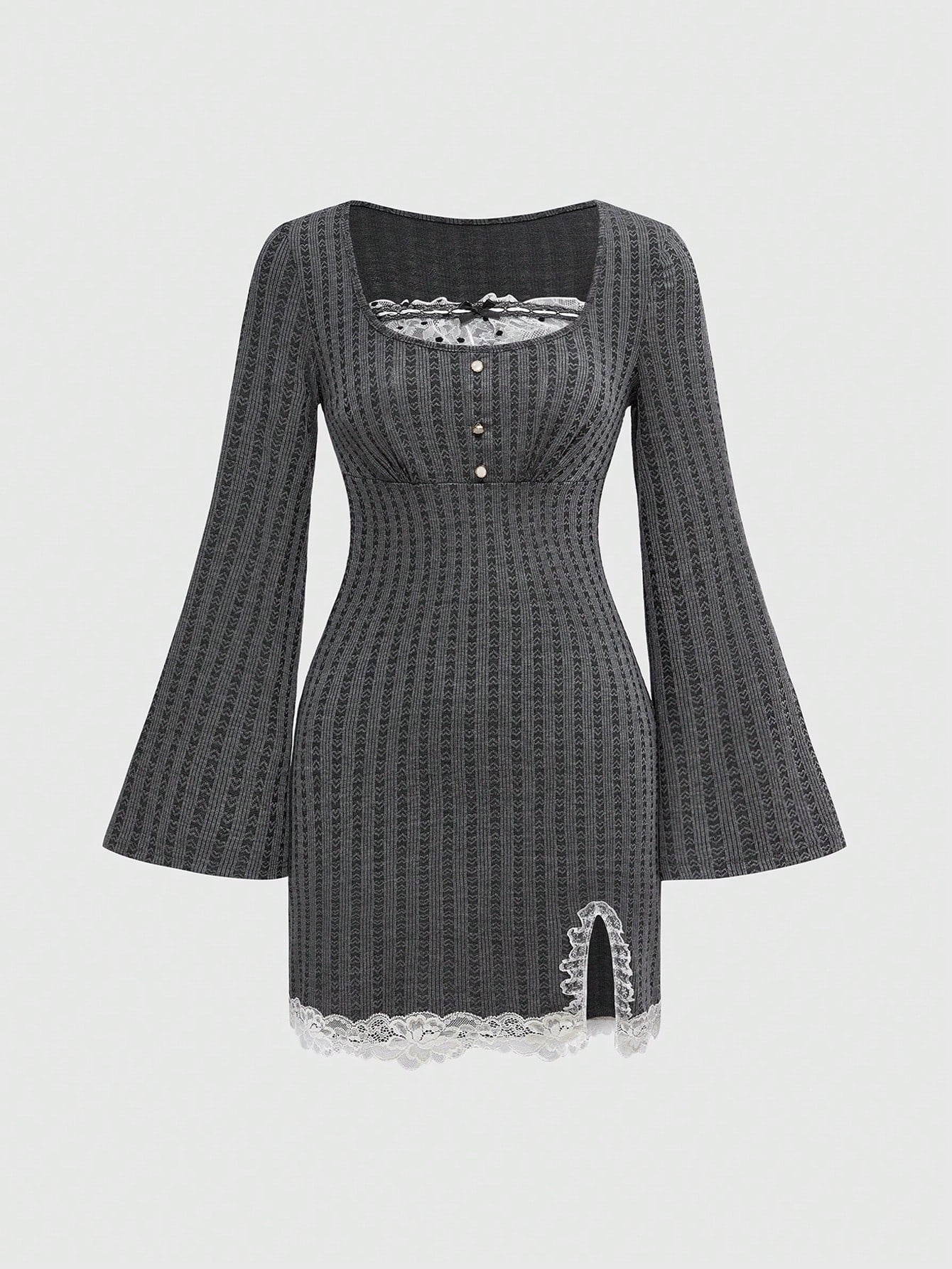 ROMWE Kawaii Vestido mini de mujer entallado de 2 en 1 con volantes en los puños y escote de corazón