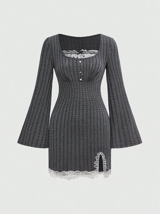 ROMWE Kawaii Vestido mini de mujer entallado de 2 en 1 con volantes en los puños y escote de corazón