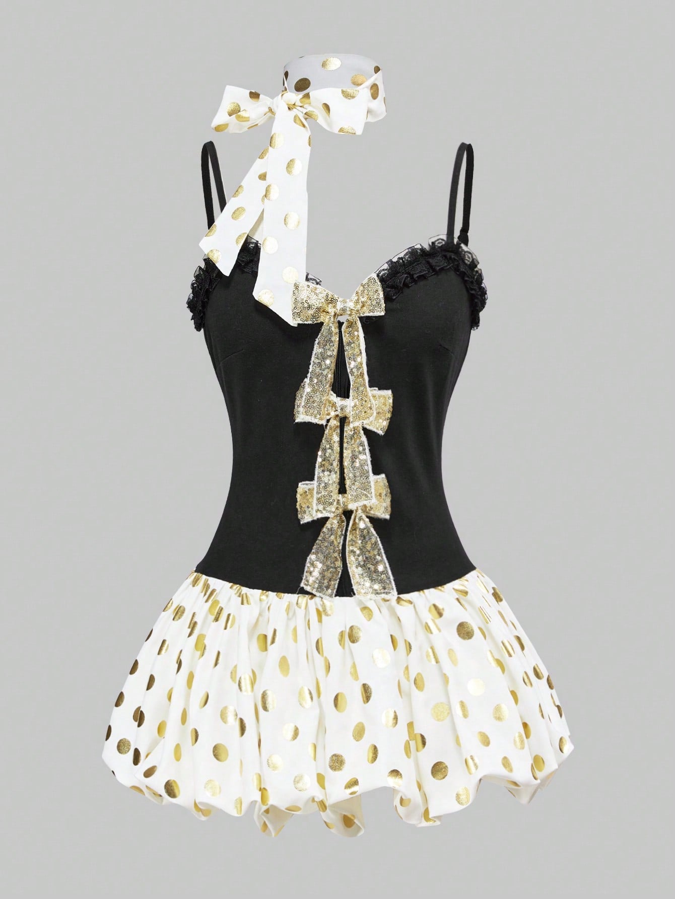 ROMWE Kawaii Vestido mini súper corto con lazo y lunares, estilo Y2K