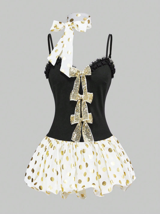 ROMWE Kawaii Vestido mini súper corto con lazo y lunares, estilo Y2K