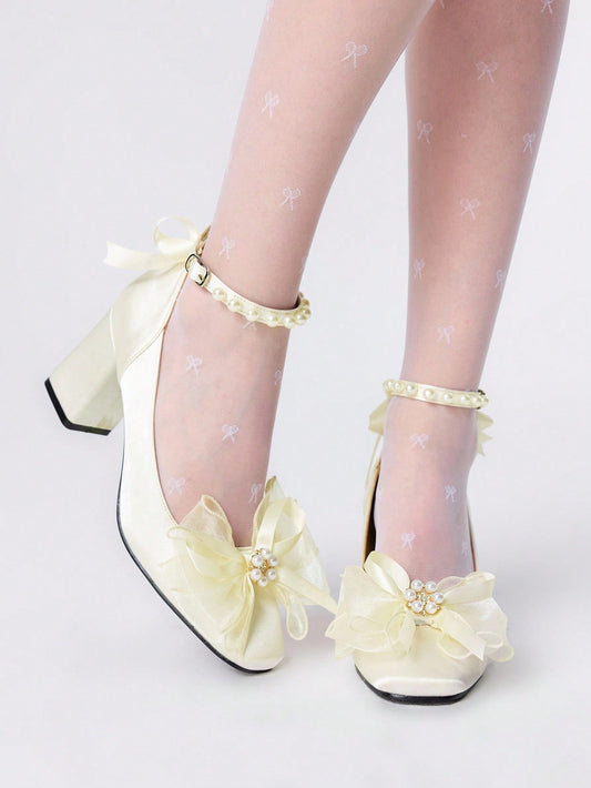 ROMWE Kawaii Zapatos de boda blanco para mujer con puntera cuadrada, tacón ancho, lazo, perlas, flor de encaje, tipo Mary Jane, lindos para uso al aire libre