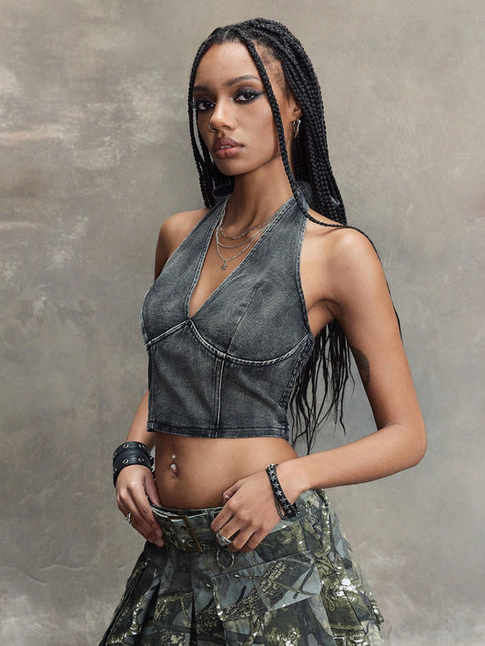ROMWE Parte superior corta de mujer informal de denim con cuello de halter