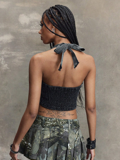 ROMWE Parte superior corta de mujer informal de denim con cuello de halter