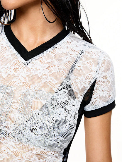 ROMWE Street Life Camiseta para mujer con diseño de número 08 con decoración de cristales de rhinestones y encaje transparente estilo Y2K