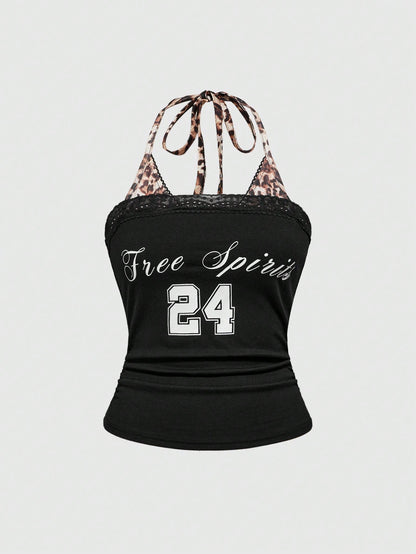 ROMWE Street Life Chaleco corto de streetwear de estilo californiano para mujer, con diseño de parches de estampado de leopardo y eslogan, top de tirantes ajustado