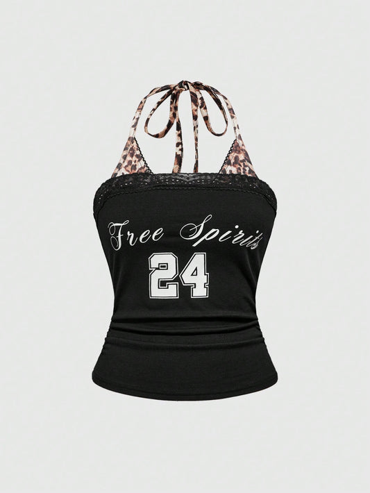 ROMWE Street Life Chaleco corto de streetwear de estilo californiano para mujer, con diseño de parches de estampado de leopardo y eslogan, top de tirantes ajustado