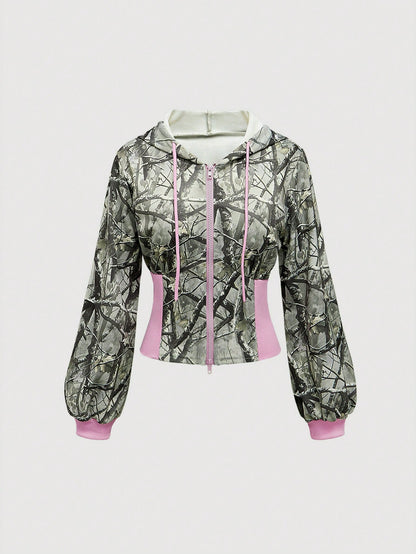 ROMWE Street Life Sudadera con capucha de cintura alta con cordón, colorblocking y gráfico de rama, estilo streetwear Y2K para mujer