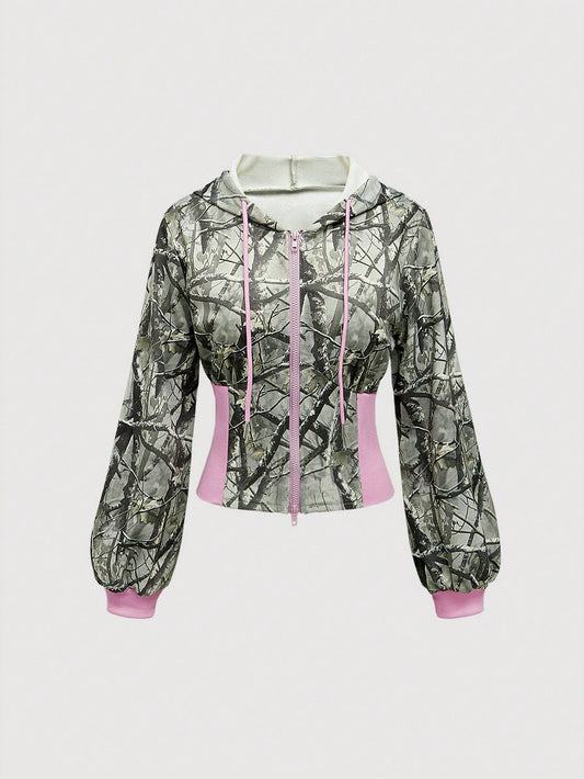 ROMWE Street Life Sudadera con capucha de cintura alta con cordón, colorblocking y gráfico de rama, estilo streetwear Y2K para mujer
