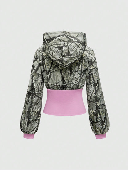 ROMWE Street Life Sudadera con capucha de cintura alta con cordón, colorblocking y gráfico de rama, estilo streetwear Y2K para mujer