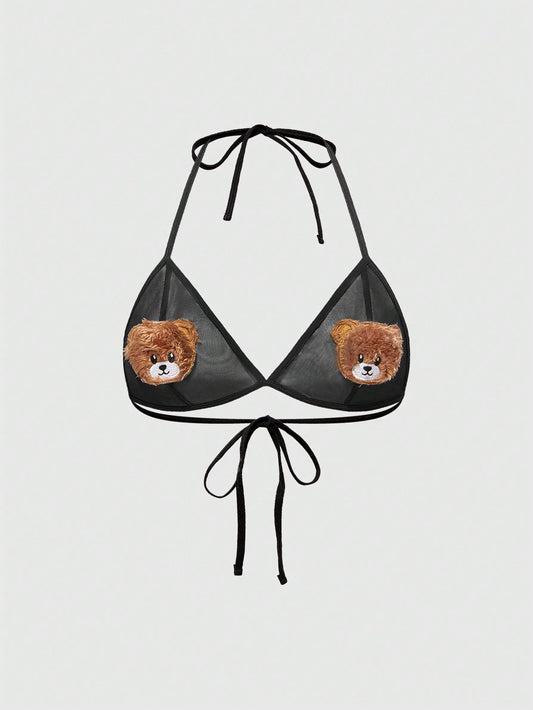 ROMWE Sujetador triangular de malla con correas, con logotipo bordado de oso de peluche