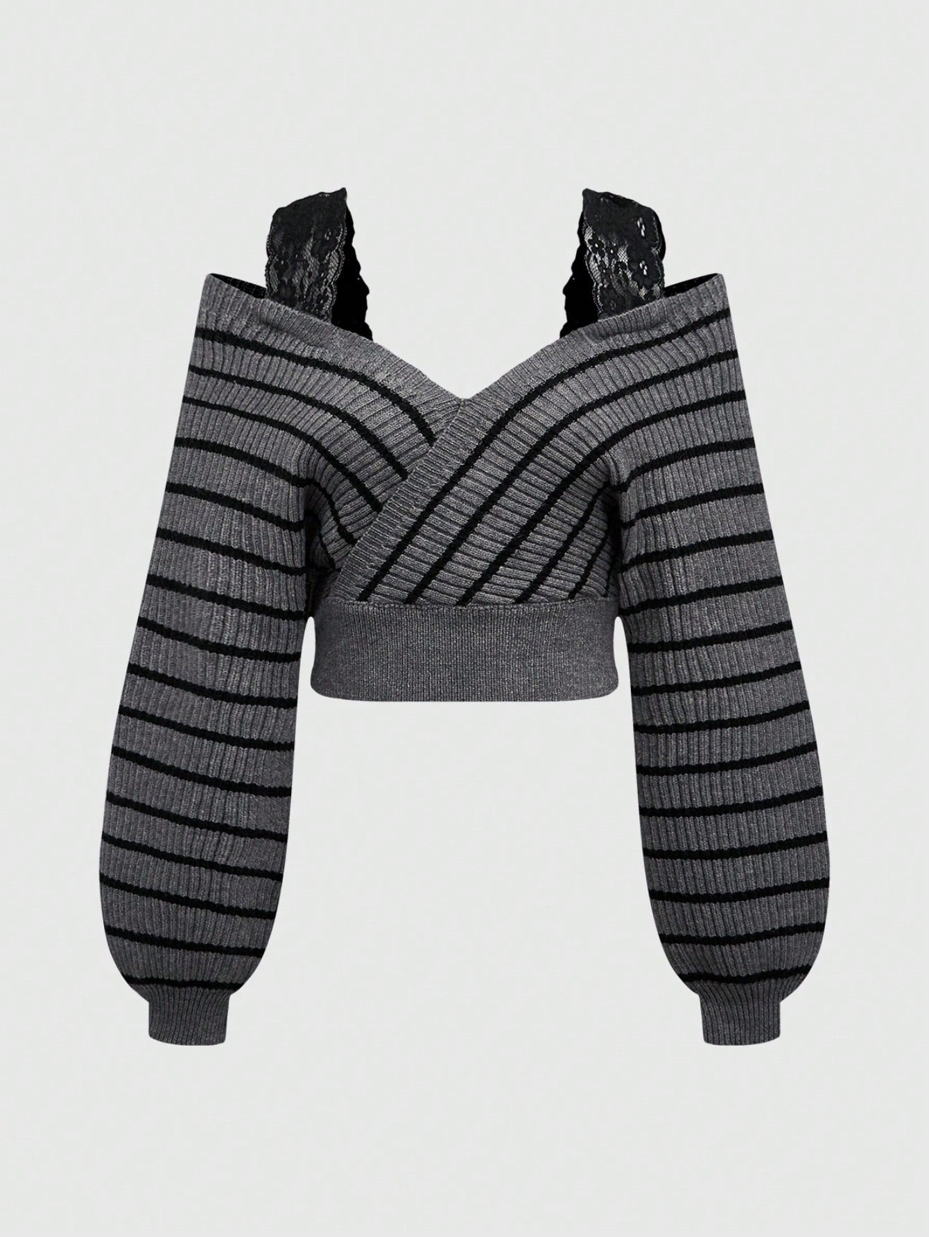 ROMWE Suéter de slip-on con cuello en V profundo, tirantes de encaje y rayas francesas sexy