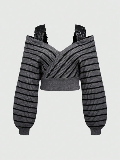 ROMWE Suéter de slip-on con cuello en V profundo, tirantes de encaje y rayas francesas sexy