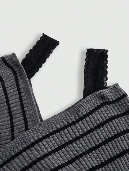 ROMWE Suéter de slip-on con cuello en V profundo, tirantes de encaje y rayas francesas sexy