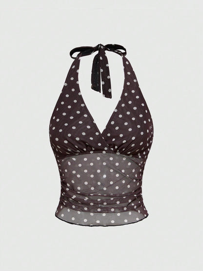 ROMWE Top corta con estampado de lunares dulce y lindo para mujer francesa
