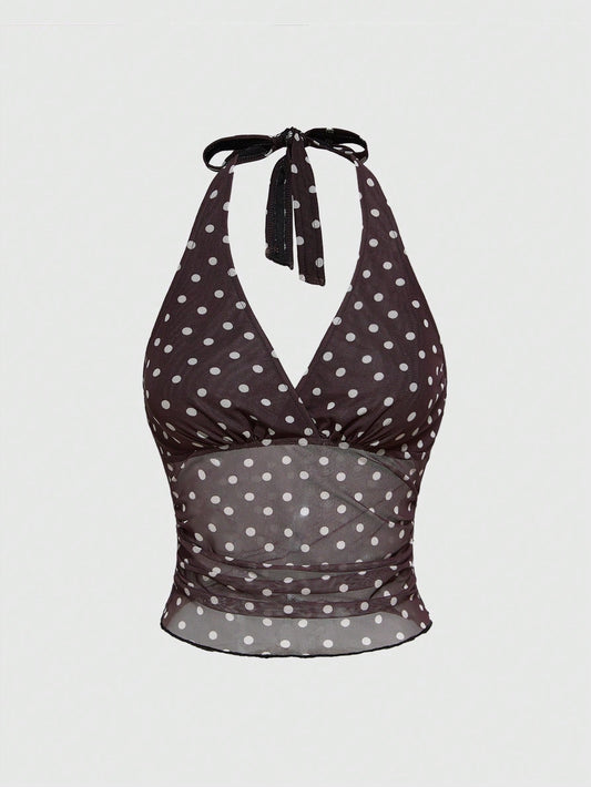 ROMWE Top corta con estampado de lunares dulce y lindo para mujer francesa