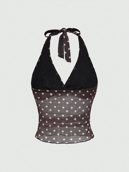 ROMWE Top corta con estampado de lunares dulce y lindo para mujer francesa