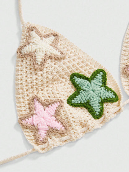 ROMWE Top de punto con cuello halter, bordado de estrellas, estilo vintage Y2K para vacaciones