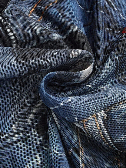 ROMWE Top de tirantes de mujer con efecto de tela vaquera vintage, con parches de encaje y cremallera de malla