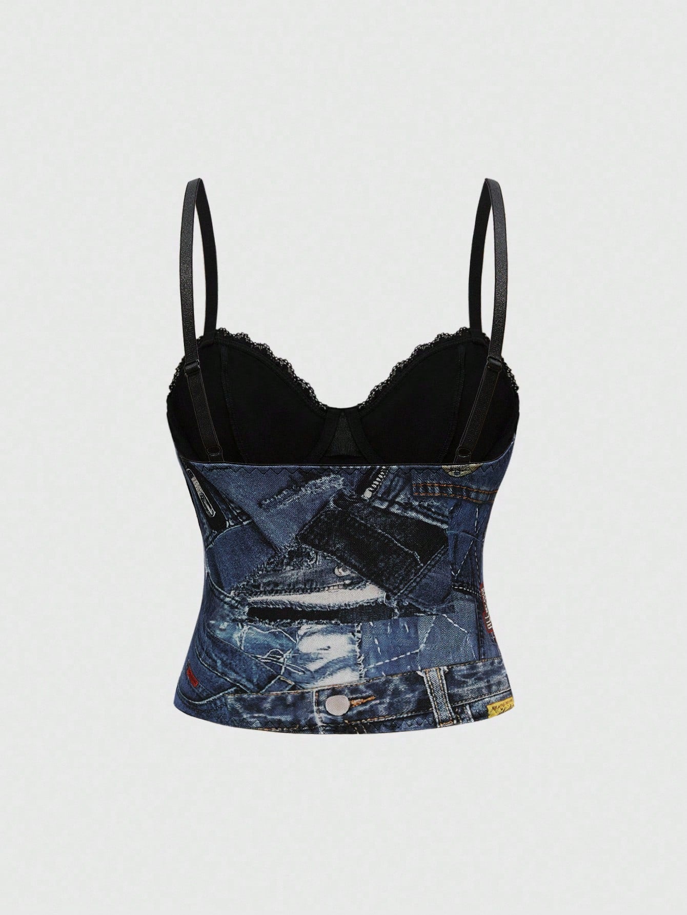ROMWE Top de tirantes de mujer con efecto de tela vaquera vintage, con parches de encaje y cremallera de malla