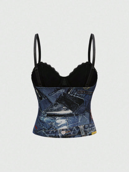 ROMWE Top de tirantes de mujer con efecto de tela vaquera vintage, con parches de encaje y cremallera de malla