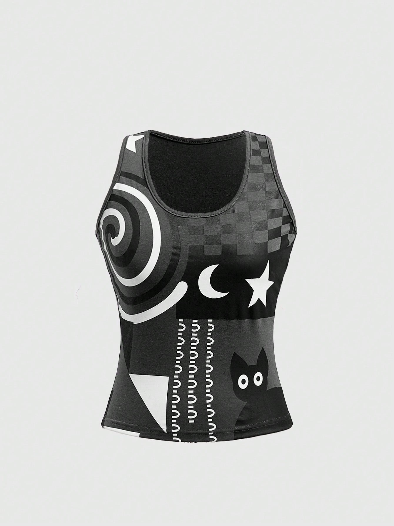 ROMWE Top de tirantes informal con estampado de gato negro en espiral, verano