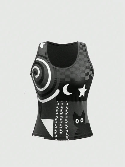 ROMWE Top de tirantes informal con estampado de gato negro en espiral, verano