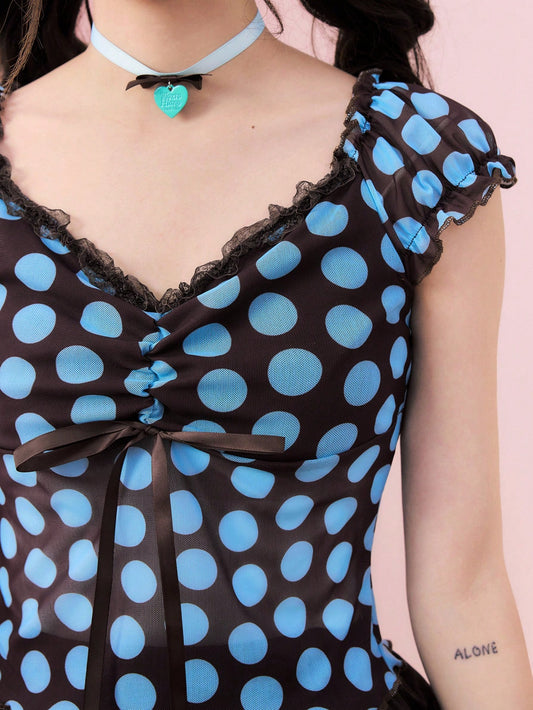 ROMWE Top de tirantes para mujer con estampado de lunares de colores estilo Kawaii