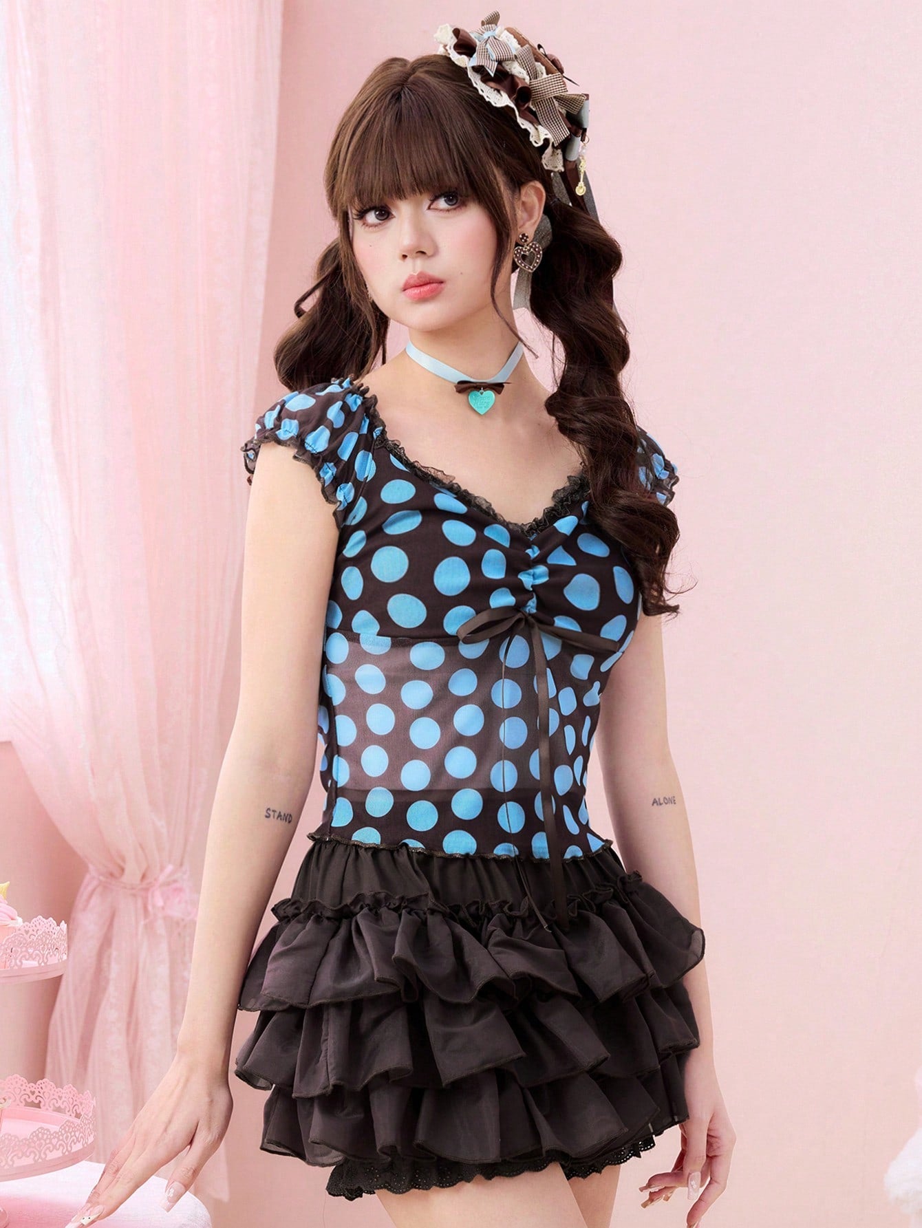 ROMWE Top de tirantes para mujer con estampado de lunares de colores estilo Kawaii