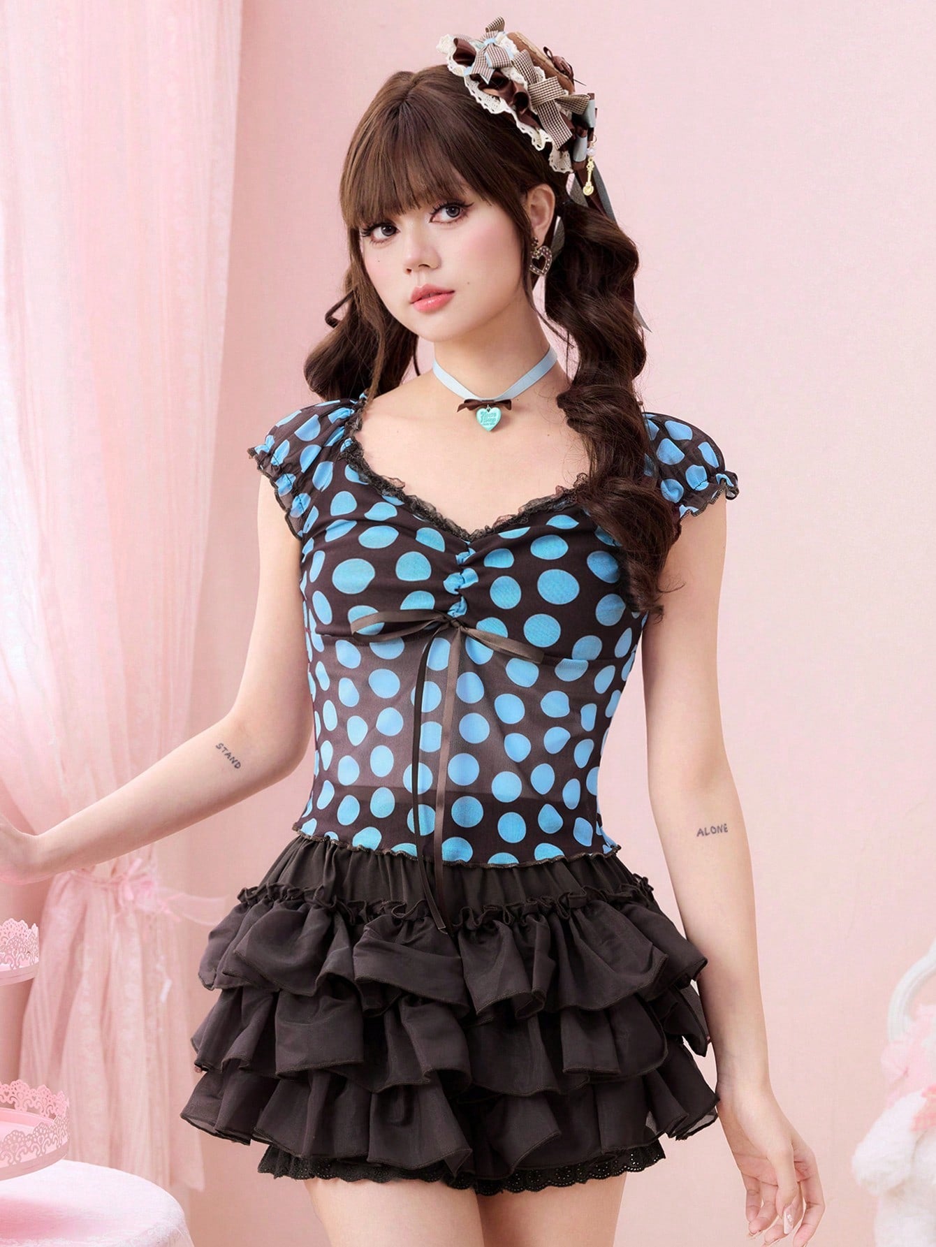 ROMWE Top de tirantes para mujer con estampado de lunares de colores estilo Kawaii