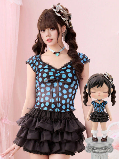 ROMWE Top de tirantes para mujer con estampado de lunares de colores estilo Kawaii