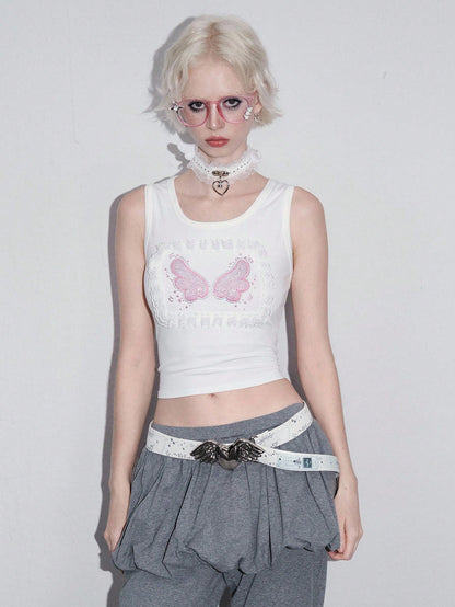 ROMWE Kawaii Top de tirantes para mujer con parches de encaje y alas de ángel, estilo kawaii y peculiar