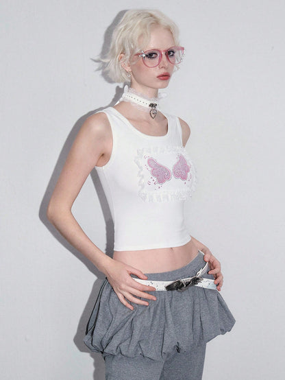 ROMWE Kawaii Top de tirantes para mujer con parches de encaje y alas de ángel, estilo kawaii y peculiar