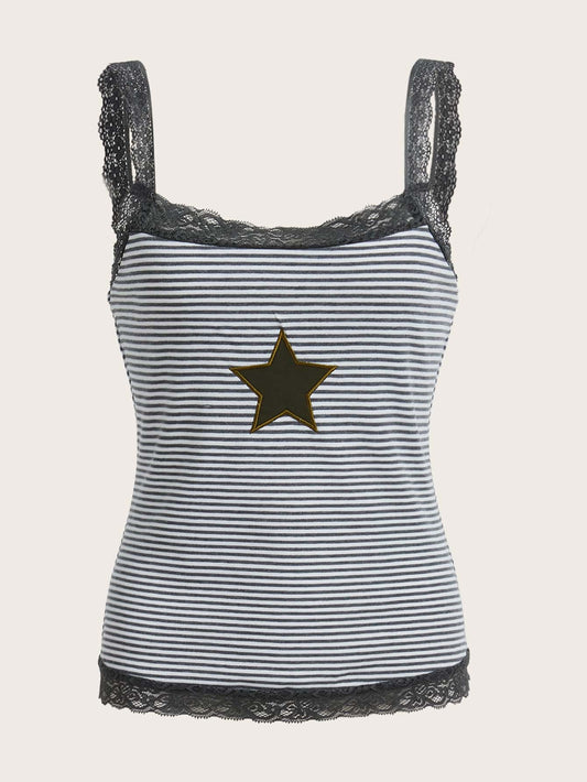 ROMWE Top de tirantes versátil con patchwork de encaje, rayas y bordado de estrellas