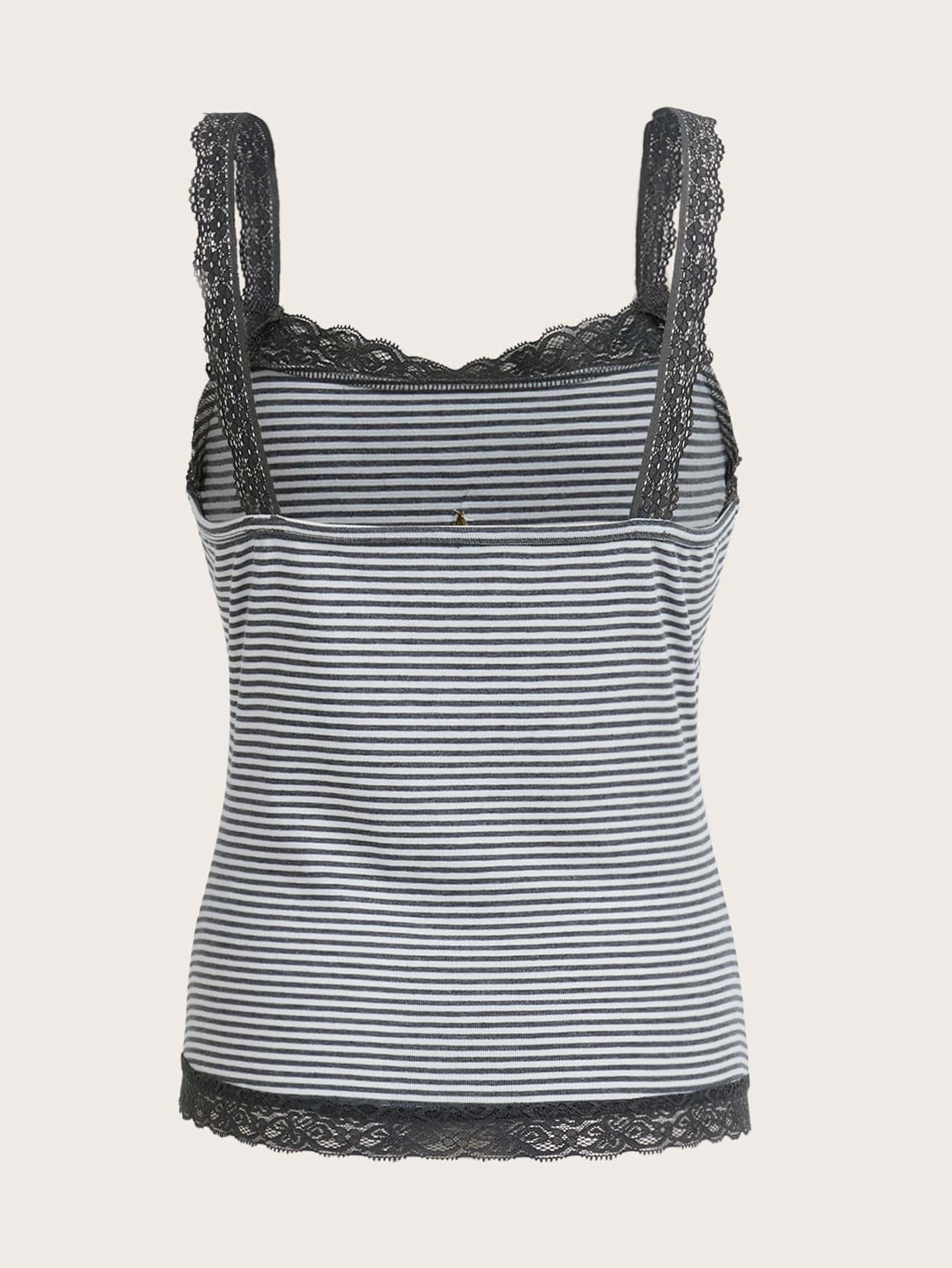 ROMWE Top de tirantes versátil con patchwork de encaje, rayas y bordado de estrellas