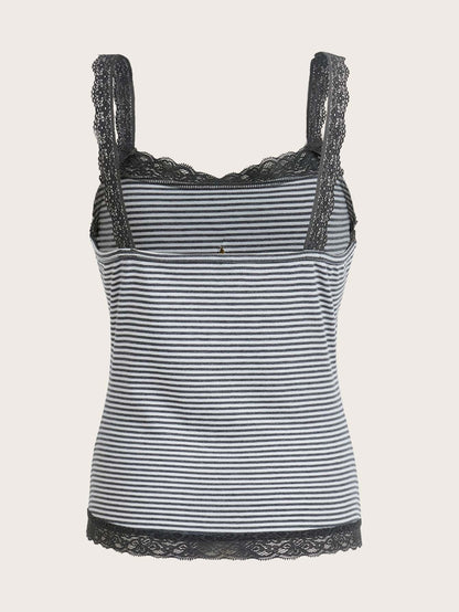 ROMWE Top de tirantes versátil con patchwork de encaje, rayas y bordado de estrellas