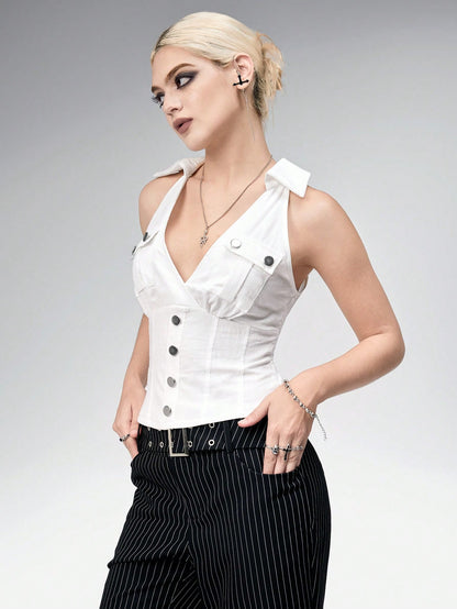 ROMWE Top de tirantes vintage estilo Y2K con diseño atrevido y bolsillo cargo