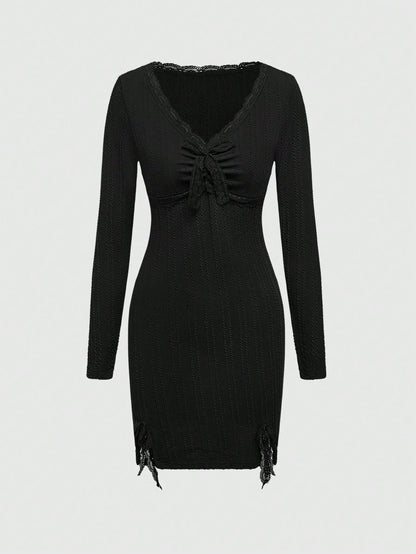 ROMWE Vestido corto con abertura lateral, contraste de textura, encaje y lazo en la cintura