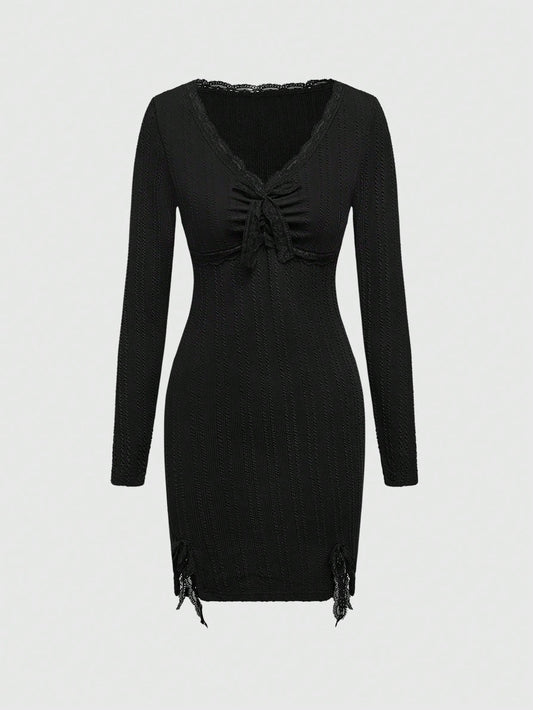 ROMWE Vestido corto con abertura lateral, contraste de textura, encaje y lazo en la cintura