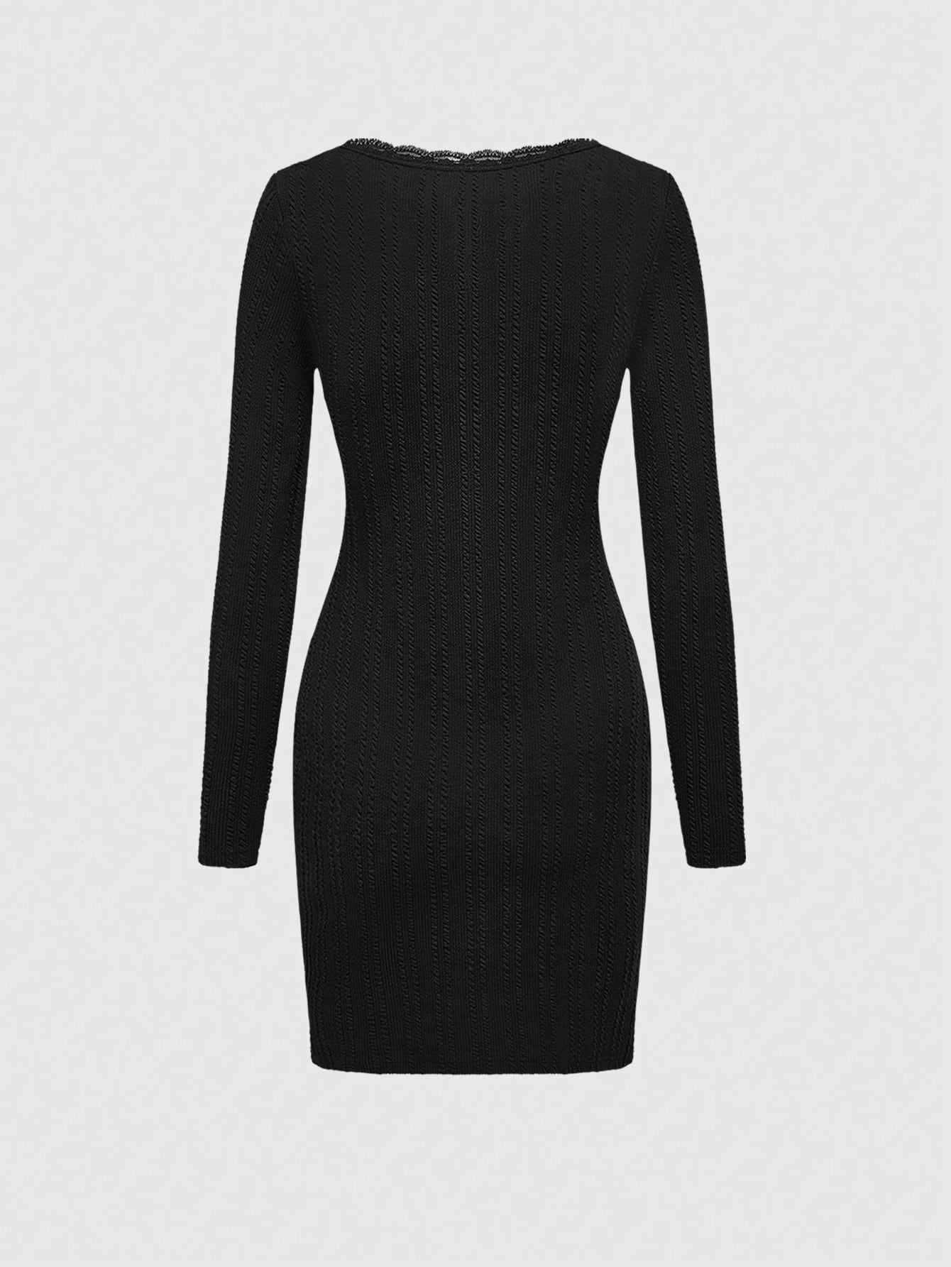 ROMWE Vestido corto con abertura lateral, contraste de textura, encaje y lazo en la cintura