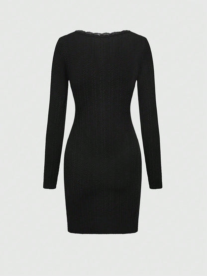 ROMWE Vestido corto con abertura lateral, contraste de textura, encaje y lazo en la cintura