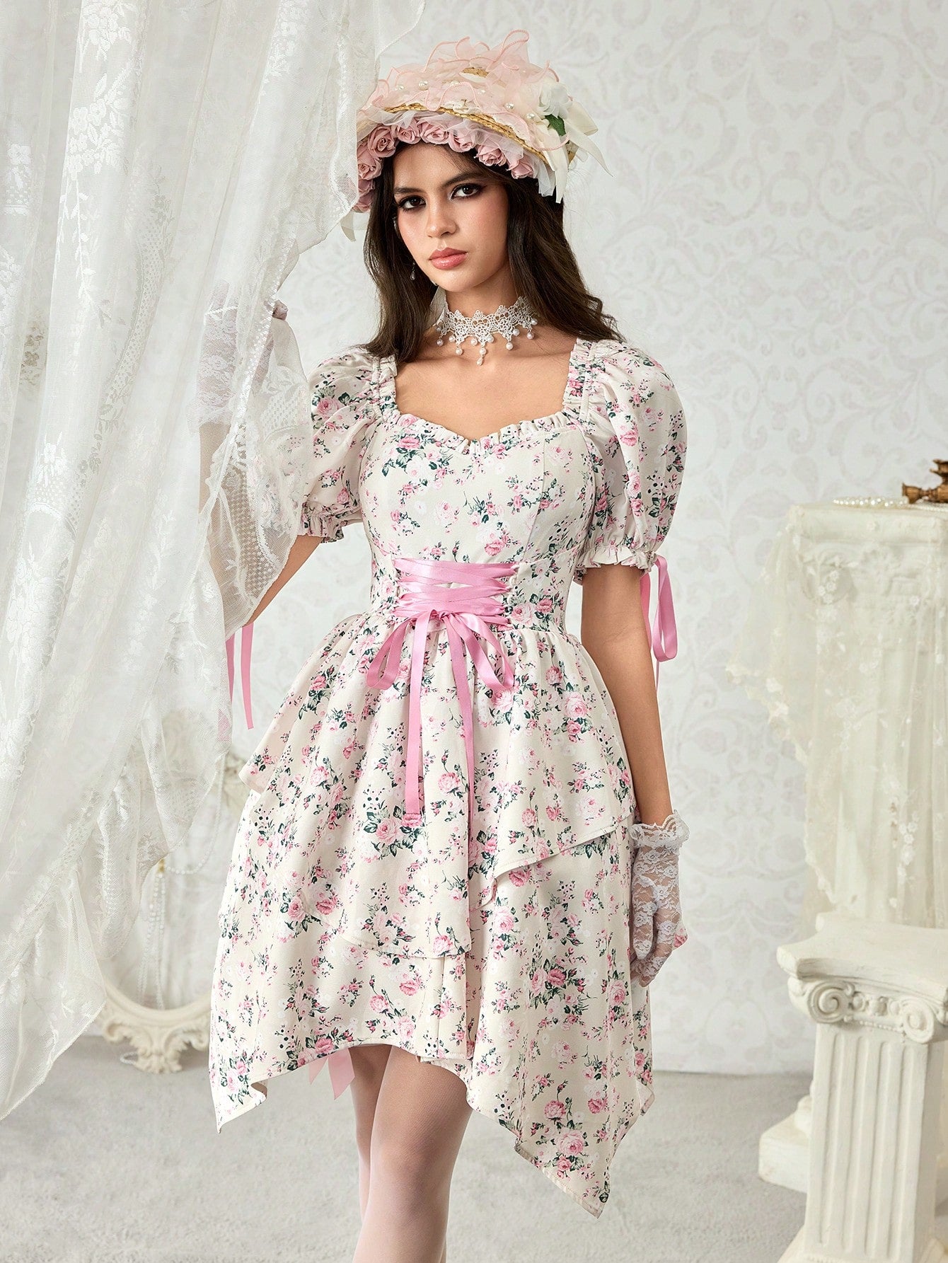 ROMWE Vestido elegante con escote cruzado, cintura elástica y dobladillo asimétrico con estampado floral diminuto, para té