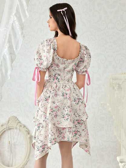 ROMWE Vestido elegante con escote cruzado, cintura elástica y dobladillo asimétrico con estampado floral diminuto, para té