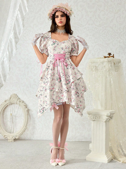 ROMWE Vestido elegante con escote cruzado, cintura elástica y dobladillo asimétrico con estampado floral diminuto, para té