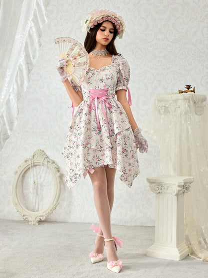 ROMWE Vestido elegante con escote cruzado, cintura elástica y dobladillo asimétrico con estampado floral diminuto, para té