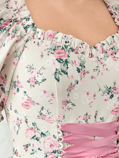 ROMWE Vestido elegante con escote cruzado, cintura elástica y dobladillo asimétrico con estampado floral diminuto, para té