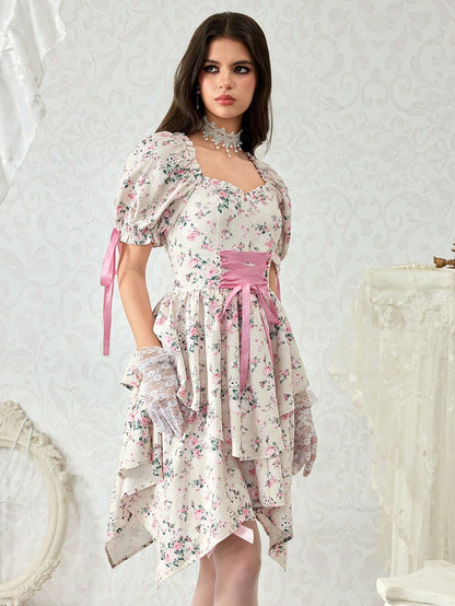 ROMWE Vestido elegante con escote cruzado, cintura elástica y dobladillo asimétrico con estampado floral diminuto, para té